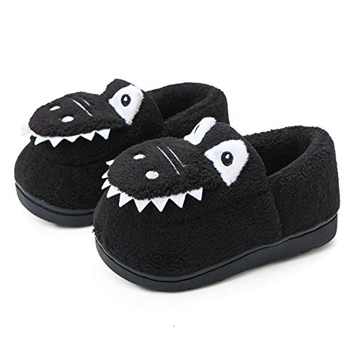 Little Boys Girls Cute Dinosaur House Slippers Kids Plush Lined Warm Winter Indoor Bedroom Non-Slip Shoes for 1-6 Years Black