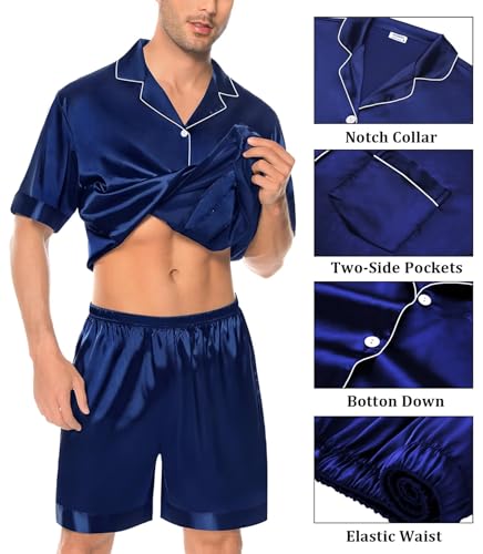 SWOMOG Mens Silk Pajama Set 2 Pieces Short Sleeve Soft Satin Sleepwear Button Down Pj3