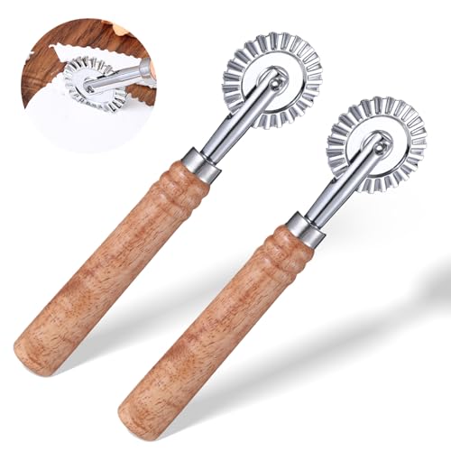 JIYIN 2 Pcs Pastry Wheel Cutter, Pastry and Pasta Cutter Wheel, Ravioli Pizza Cutter Wheels with Long Wooden Handle Dumpling Lace Making Noodle Dough Ruffled Edge Cookies Pie Cutting Tool