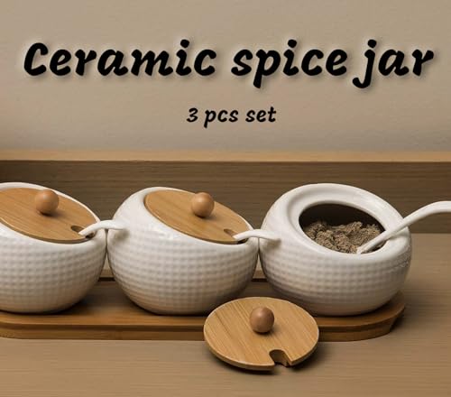 Image of 3 Pcs Porcelain Condiment Jar Spice Container with Bamboo Lids and Spoon Seasoning Pots for Kitchen, Coffee Bar, 30x10 cm
