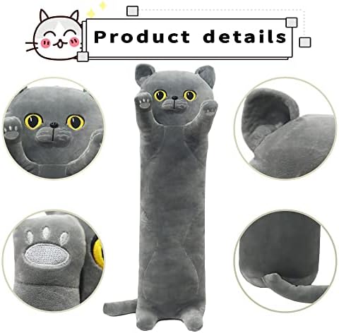 Long Cat Plush Body Pillow, 70CM/90CM Cute Cat Stuffed Animals Kawaii Soft Plushies, Kitten Plush Pillow Doll Toy Hugging Pillow Gift for Birthday Christmas Valentines (Grey, 90CM)