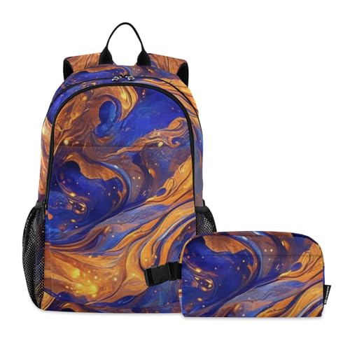 Sac à dos école surréalisme bleu et or avec boîte à déjeuner, cadeau idéal garçon 7-10 ans