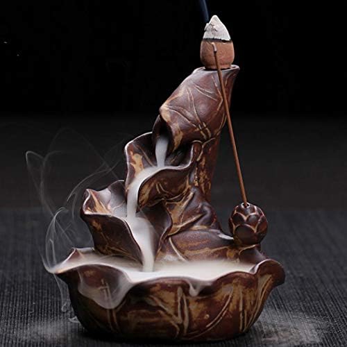 Ceramic Incense Holder, Backflow Incense Burner Incense Stick Holder Figurine Incense Cone Holders Home Decor Gift Statue Ornaments with 10 PCS Backflow Incense Cones Lotus Leaves (Brown)