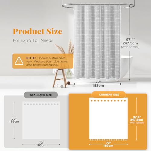Image of BTTN Extra Long Shower Curtain - 72x96 Inch Long Boho Chic Linen Fabric Heavy Duty Shower Curtain Set with Hooks, Tall Bohemian Farmhouse Luxury Tassel Cloth Shower Curtains for Bathroom - Gray /Grey