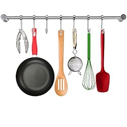 Colgar Sartenes Sprießen Perchero de Cocina, Barra con Colgador de Acero Inoxidable Organizador de Utensilios en Cocina Fácil Montado en Pared 7-Ganchos para Colgar Olla Sartén Cuchillo Cucharón de Cocina