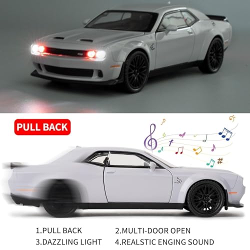 Image of WORSHIPER 1:32 Scale Dodge Challenger Hellcat Die-Cast Metal Toy Car with Lights & Sound, Pull Back Action, Openable Doors, Hood & Trunk | Alloy Sports Car Model (1:32 Hellcat Dodge Challenger-Grey)