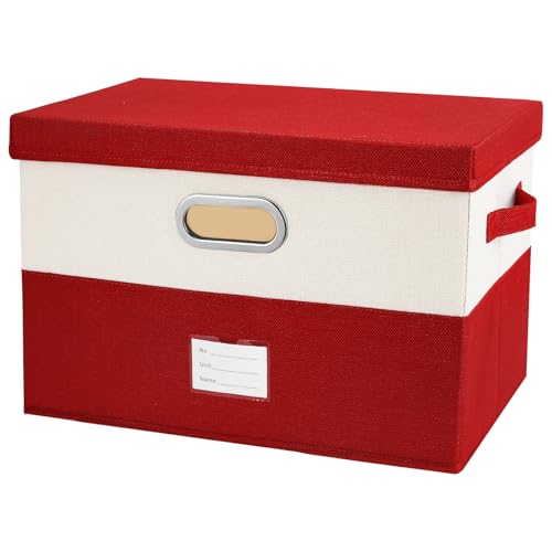 Image of Large Linen Fabric Foldable Storage Bins with Removable Lid and Handles, Washable Storage Box Organizer Containers Baskets Cube with Cover for Bedroom,Office(Red&Cream, Large)