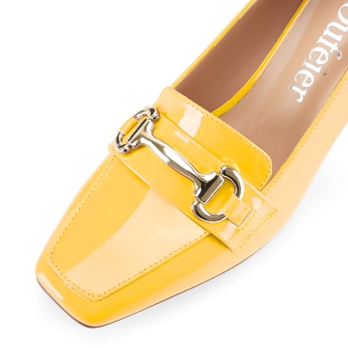 Image of Womens Mid Block Chunky Heeled Loafers Closed Square Toe Patent Leather Comfortable Slip On Pumps Metal Chain Basic Classic Casual Work Office Dress Shoes 2.8 Inches Heels