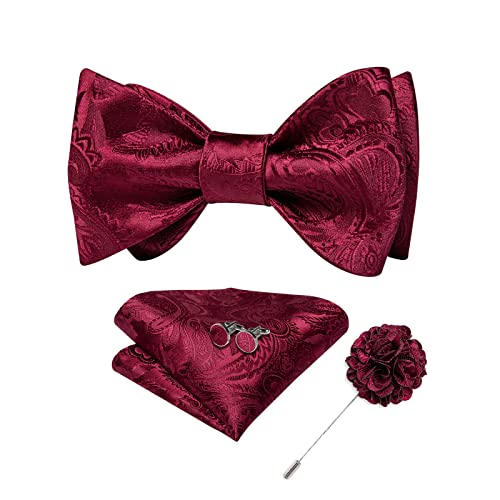 Image of DiBanGu Paisley Bow Ties for Men Silk Self Tied Bowtie and Pocket Square Cufflinks with Lapel Pin for Wedding Party