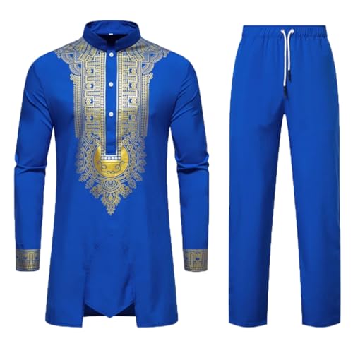 Men's African Work Suit Set 2 Pieces Dashiki Shirt with Trouser Gold Bronzing Print Wedding Outfit