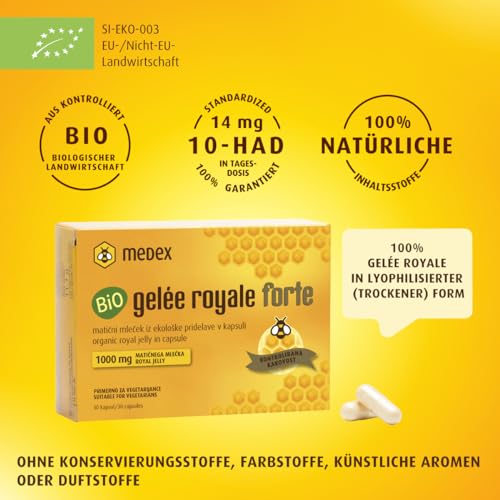 Medex Bio Gelée Royale FORTE, hohe Dosierung 1000 mg Gelee Royal, lyophilisiert, trockene Form, klinisch nachgewiesene Ergebnisse, 30 Kapseln, 30 Tage Anwendung