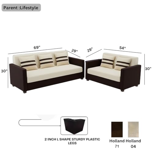 Image of FURNY Lifestylio 5 Seater Fabric 3+2 Sofa Set (Cream-Dark Brown) Premium Velvet Finish | Ideal for Living Rooms, Offices