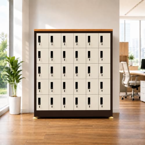 Image of Amazon Brand - Solimo 30-Door Mobile Locker Cabinet Heavy-Duty Lockable Steel Compartments for Phones Wallets & Valuables Powder-Coated Brown Finish Office School Gym Warehouse