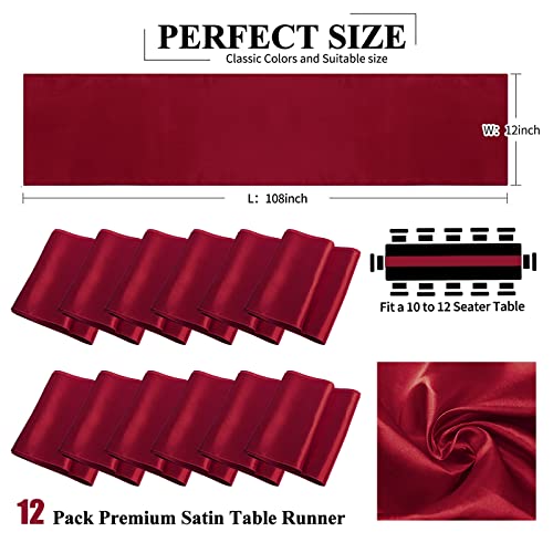 Lokume 12 Pack Burgundy Satin Table Runner,12 X 108 Inch Long Premium Smooth Table Runner For Wedding, Banquets, Birthday, Party, Graduation, Engagements,Table Runners Fit Rectangle And Round Table #TOP1