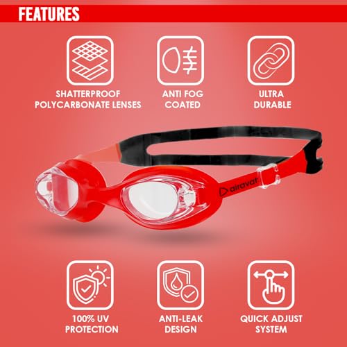 Image of AIRAVAT Hydro 1027 Swimming Goggles, Adjustable Pool Goggles For Adult, Youth, Boys & Girls, Optic Quality Poly carbonate Lenses, 100% UV Protection Anti-fog Coated, Ultra Durable (Red)
