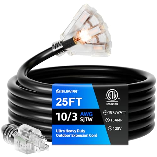 25FT 10 Gauge Outdoor Extension Cord with Multiple Outlets Heavy Duty Waterproof 3 Prong Power Cord with Lighted 3-Outlets 15A 1875W Black Extension Cord for Garage Garden Jobsite ETL Listed