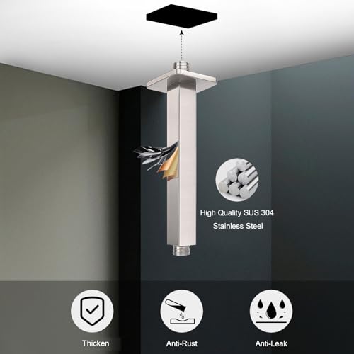Image of Ceiling Mounted Shower Arm, Rain Shower Square Extension Arm with Flange and Teflon Tape Stainless Steel Ceiling Mount Shower Extender (6 Inch, Brushed Nickel)