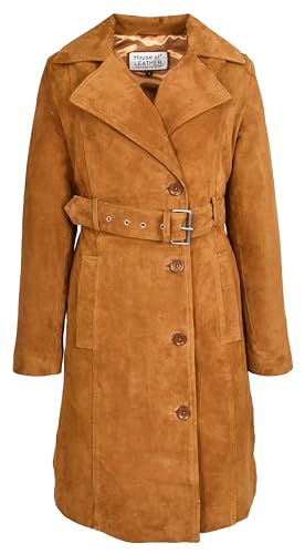 Trench en daim de chèvre véritable cognac élégant pour femme en taille 46
