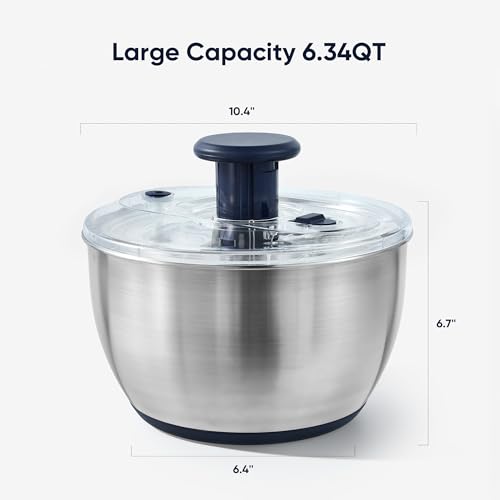 CAROTE 6.4 Qt Stainless Steel Salad Spinner, Large Lettuce Spinner Vegetable Fruit Washer, Vegetable Cleaner Salad Cleaner Lettuce Washer, Non-Slip Base, Multifunctional for Salad, Fruits