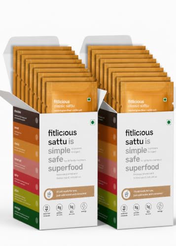Image of fitlicious Classic Sattu Powder | Bihari Chana Sattu | Natural & Organic | Gluten-Free, Non-GMO | High Protein & Fiber | Instant PremiX | Healthy Drink For All Ages | Pack Of 20 X 40g Sachets