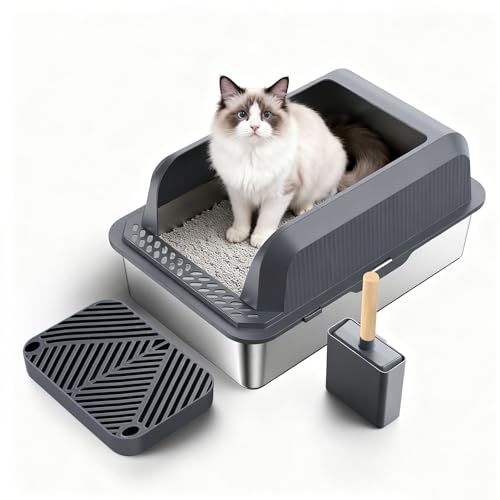 RUBLELITIE Stainless Steel Cat Litter Box with Lid Extra Large Metal Pan Tray with Enclosed High Sides for Big Cats Multi-Cat, XL Non-Stick Anti-Leakage Easy Cleaning Includes Scoop(Dark Grey)
