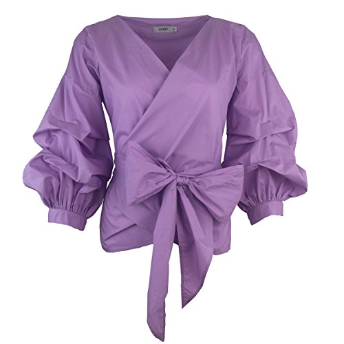AOMEI Women Spring Summer Blouses with Puff Sleeve Sashes Shirts Peplum Tops Purple Color