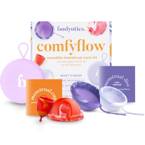 Bodyotics Comfyflow Period Care Pack - Copa Menstrual Reutilizable y Discos Menstruales con Cuerda y Anillo en Bolsa de Transporte - Discos y Copa Comfort-Fit para Uso Versátil, Incluye Guía