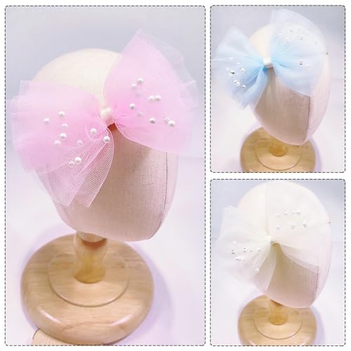 Baby Girls Tulle Bow Elastic Headband Newborn Gauze Bow-knot Stretchy Hair Band with Crystal Birthday Party Hair Bow Ribbon Accessories for Toddler Infant (Bow 2 - Blue, elastic)4