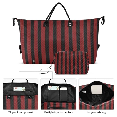 Dark Red Black Stripes Travel Duffel Bag, Shoulder Weekender Overnight Bags - Large Gym Bag with Wet Pocket2