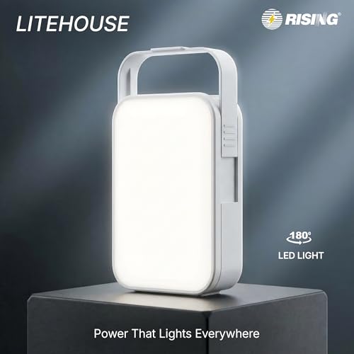 Image of RISING LITEHOUSE Rechargeable Emergency Light for Home | 4000mAh Li-ion Battery | 12W Bright LED | 180 Degree Light | Upto 10 Hours Back Up | Easy Sliding Handle | Type-C Charging + Power Bank