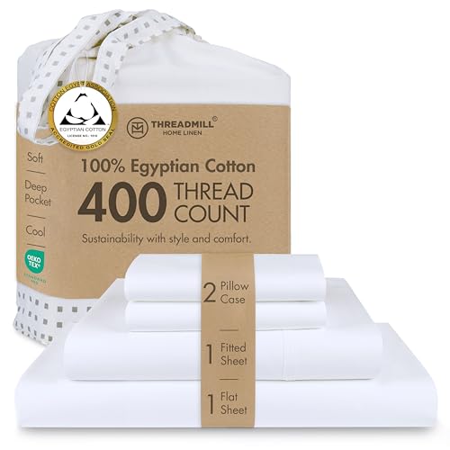 Threadmill Egyptian Cotton Queen Sheet Set | 100% Certified Egyptian Cotton Sheets for Queen Size Bed | Queen Bed Sheets Set with Snug Fit 16' Deep Pocket | Soft Cooling Sateen Bedding Set | White