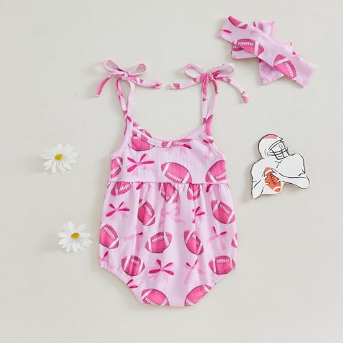 FYBITBO Summer Newborn Baby Clothes For Girls Cute Strap Romper Halter Jumpsuit Bodysuit Sleeveless Outfits Infant Clothing (Bow Football Print-Pink, 6-12 Months)3