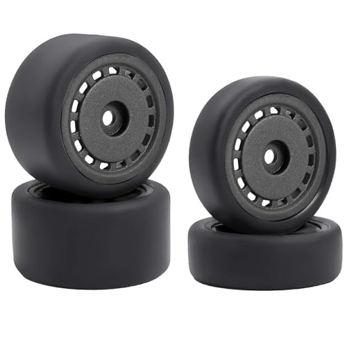 WONFAST 4PCS Pre-Glued On-Road Drift Racing Smooth Rubber Tires and Wheel Rims Set 7MM Hexagon for 1/24 Losi Micro-B RC Car Upgrades Parts (Black)