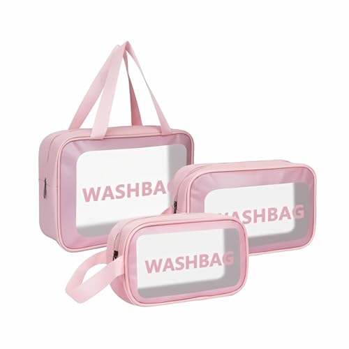 JD FRESH 3 Pieces Transparent Makeup Organizer Pouches/Makeup Bag for Women/Cosmetic Pouch/Toiletry Kit Bag for Travel(Pink/Large-Medium-Small)