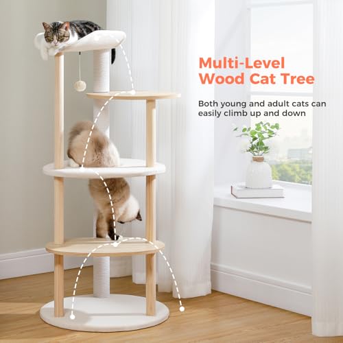 Image of 49 inch Wood Cat Tree Tower for Indoor Cats, 5-Level Modern Cat Tower with Curved Top Perch, Fully Cotton Scratching Posts & Natural Wood Posts, Cat Furniture with Interactive Dangling Ball, Beige
