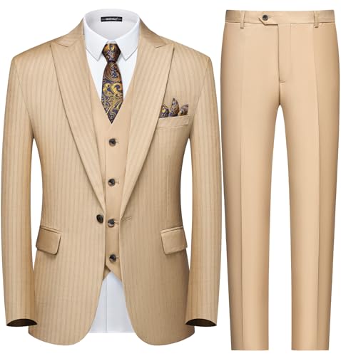 MAGE MALE Men’s Pinstripe 3 Piece Suit Slim Fit Single Breasted Tuxedo Business Wedding Party Blazer Vest Pants Set