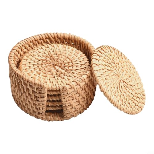 Juego de 6 posavasos de mimbre natural con paja tejida de algodón redondo para protección de mesa contra el calor, incluye estante de almacenamiento para una fácil organización
