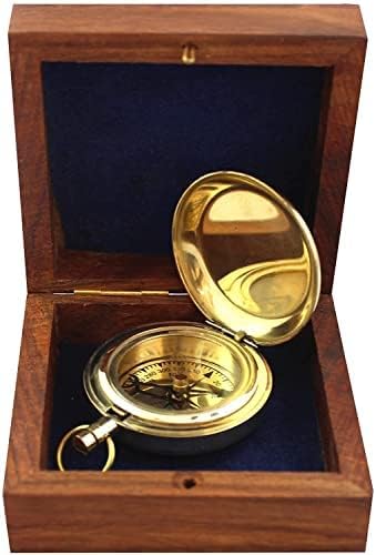 Handmade Antique Brass Compass Nautical Collectible Magnetic Pocket Compass with Wooden Box Maritime Reproduction Perfect for Home and Office Décor (with Shiny Brass Finish)-picture-13