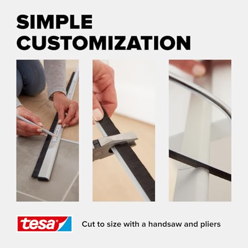 tesa INSULATION Premium Türdichtschiene für unebene Böden - Selbstklebende Alu-Türdichtung zum Schutz vor Zugluft - Weiß - mit Bürstendichtung bis 15 mm