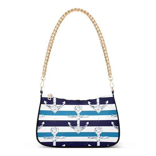 Nautical Navy Anchors Blue Stripes One Shoulder Purses for Women Classic Purse Hobo Totes Vintage Clutch Handbag Zipper Closure