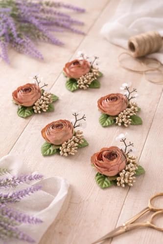 Image of SATYAM KRAFT 12 Pcs Handmade Artificial Small Peonies Flower Bunch for Hamper, Flower Brooch Hamper, Trousseau Packing, Decoration, Gifting, DIY Craft & Wedding (Brown Bunch)