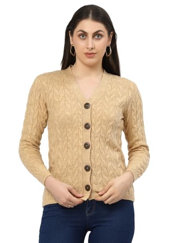 Image of Kalt Women Full Sleeves Cable Button Acrylic V-Neck Sweater