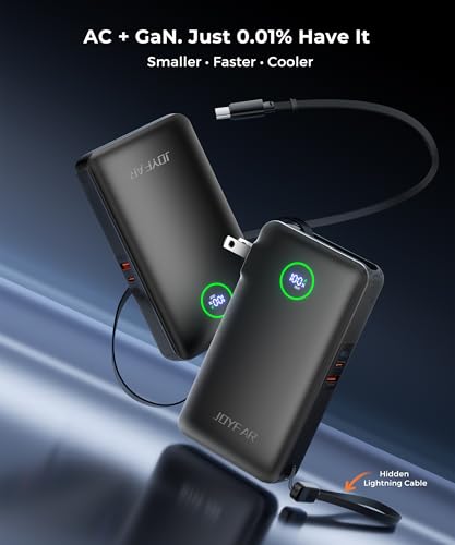 Image of Portable Charger Power Bank - Battery Pack 35W AC Plug GaN 10000mAh Built in Cable USB C Phone Fast Charging Powerbank Compatible with iPhone 16 15 14 13 12 11 X iPad MacBook Samsung (Black)