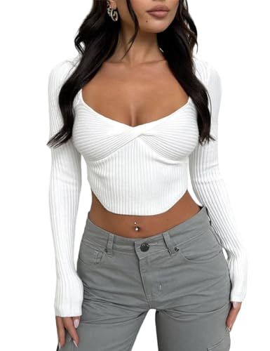 Lancifolium Women’s Long Sleeve Crop Tops Sweater y2k Fashion 2023 Trendy Knit Square Neck Cropped T-Shirt2