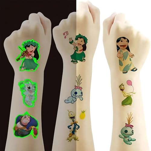 80pcs Stitch Temporary Tattoo Kawaii Princess Birthday Party Supplies Birthday Decorations Party Game Activities Reward Gifts (4 Sheets including 2 Sheets Luminous)