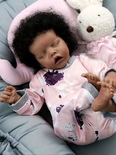 Muñeca Reborn 18" Africana con Pelo Rizado y Onesie Rosa miniatura 2