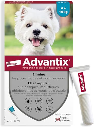 Advantix Petit Chien entre 4 et 10 kg – Pipettes pour chien contre 6 parasites – Traitement en pipette pour une protection en continu pendant 4 semaines – 4 x 1,0 ml