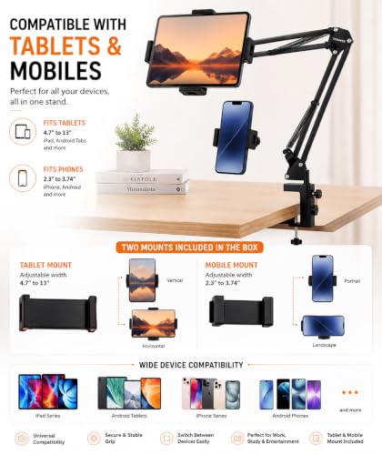 Image of Adjustable Overhead Mobile Holder Stand for Smartphones & Tablets, Metal Arm with 360 Rotation, Anti-Slip Clamp, Flexible Desk Mount for Video Recording, Live Online Classes & Video Calls