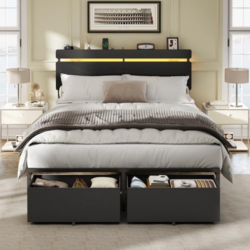 Image of Forestell Full Size Bed Frame with Wood Headboard, Black Platform Bed with 2 Storage Drawers & Shelf, Built in Charging Station & LED Lights, Metal Support, No Box Spring Needed, Camas Full