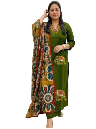 Image of ANNI Designer Kurta Set for Women Viscose Embroidered | Kurta Pant Dupatta Set for Woman | Straight 3 Piece Outfit V Neck 3 /4 Sleeve Stylish Ethnic Dress Trendy Womens Clothing